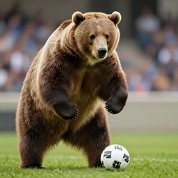 an oversized grizzly bear playing soccer, telephoto, bokeh, sports illustrated, 4k,