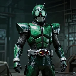 Knight inspired power armor, Kamen Rider suit, rubber undersuit, chainmail, octane render, moody colors, dark green color scheme, 4k, glowing eyes in helmet, industrial environment, horror movie lighting, horror movie cinematography, biomechanical elements, hyper realistic