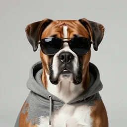 portrait of boxer dog in hoodie with sunglasses by greg hildebrandt and michael hutter