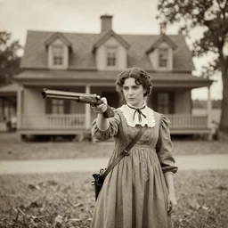 a southern war belle during the civil war in front of a plantation house, pointing a shotgun at the camera old fashioned photo sepia