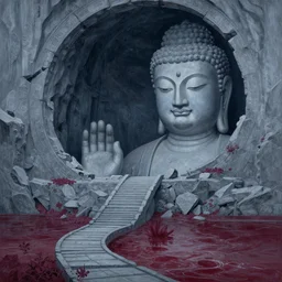 a gorgeous bleak painting by barlowe wayne, maxfield parrish, gustave dore and marco mazzoni. close - up shot on a lonely huge chinese buddha statue, broken, stone gate to the dark cave. grey blue. maroon leaves, the winding stone steps. ultra clear detailed. 3 d, octane render. turbulent blood lake.