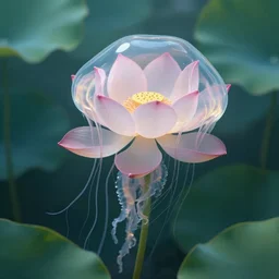 lotus flowers swimming underwater like a jellyfish, transperent jellyfish head covers the flower, leaves as tentacles, photographic, cinematic, photorealistic, volumetric lighting, detailed, smooth, artstation, octane render, wolp