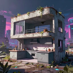 a beautiful photorealistic rendering of kitchen architecture building unfinished building city abandoned urbex by b. v. doshi, apocalyptic anime synthwave neon noir vaporwave, archdaily, wallpaper, highly detailed, trending on artstation.