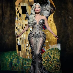 portrait of beautiful lady gaga as a female model by irakli nadar wearing an intricate detailed avant garde dress design by rocky gathercole, high fashion symmetrical pose, haunting, elite, elegant, ruan jia, dark, hyper detailed, concept art, by gustav klimt,