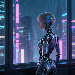 Cyborg mechanical girl looking out a window of a skycraper at a cyberpunk city, neon lights raining, raytracing unity engine
