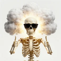 beautiful portrait of (skeleton in sunglasses) with (both thumbs up) in the center, (nuclear bomb explosion shape in the background), trending on Artstation, realistic, HD, 4K, five fingers, highly detailed, high quality, anatomically accurate skull