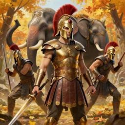 an epic fantasy comic book style portrait painting of 3 0 0 spartans fighting an elephant, studio ghibli, unreal 5, daz, hyperrealistic, octane render, cosplay, rpg portrait, dynamic lighting, intricate detail, harvest fall vibrancy, cinematic