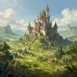 a hyperrealistic digital matte painting of a verdant fantasy countryside, very far royal steampunk castle, highly detailed, trending on artstation