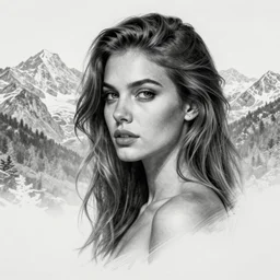 tattoo design sketch of an extremely beautiful woman with a background of beautiful mountains on the side, hyper - realistic, double exposure effect, in the style of den yakovlev, amazing detail, black and white, faded