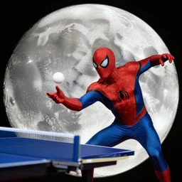 spiderman playing table tennis on the moon