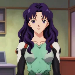 lighting by james gurney. close portrait. interior bg. screenshot of a scene in neongenesisevangelion of miss katsuragi misato painted by norman rockwell. character designed by hideaki anno. long shoulderlength wavy dark purple hair. trendy 1 9 9 0 s attire. ro 3. digital. trending on artstation. masterpiece.