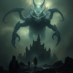 a lovecraftian monster descending upon the island of souls, melancholic, dramatic, emotional, cinematic, high detail, masterpiece by craig mullins, ruan jia, beksinski, caravaggio, jakub rebelka, android jones