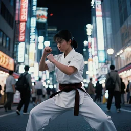 iconic cinematic screen shot of scene shinjuku tokyo at night, neon lights, yokai, from the action packed girl kung fu fighter spinning high kick, platform boots, kodak film stock, anamorphic lenses 2 4 mm, lens flare, iconic cinematography, award winning