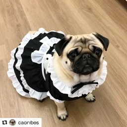 instagram photo of a cute pug in a black and white french maid uniform, the pug is wearing a french maid dress, canon eos r 3, f / 1. 4, iso 2 0 0, 1 / 1 6 0 s, 8 k, wide angle