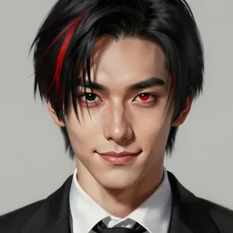 full face shot of a handsome butler with straight black hair, a red streak in his hair, with black and red eyes, shy smile, fancy, ultra detailed, brush strokes, digital painting, cinematic, wlop artstation, pixiv, yoshitaka amano, andy warhol, ultra realistic,