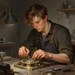 character concept portrait of focused Jack dylan Grazer as a Artificer crafting a clockwork mechanism, tinker workshop, blacksmith apron, digital painting, concept art, smooth, sharp focus, illustration, from Metal Gear, by Ruan Jia and Mandy Jurgens and William-Adolphe Bouguereau, Artgerm