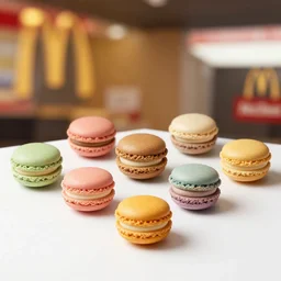 juicy and colourful macrons from a fast food restaurant, depth of field, food photography, isometric, tasty, mcdonalds, wide shot, studio, bokeh, gmaster, cooking, food, kodak, sony, canon