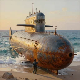 nc wyeth painting, vanishpoint, beached submarine in the middle of sanaa, incredible, award winning, up close, climbing, beaching, rust, sadness, golden hour