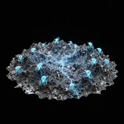 a photorealistic render of a topographic sculpture made of melted metal and bioluminescent beings on a black background, c 4 d, by zhelong xu ouchh studio and ernst haeckel, wide angle, hyper realistic, plain black background, 8 k, volumetric lightning, octane render