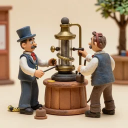 diorama of claymation anthropomorphic snake oil salesmen operating the analytical snakeoil engine at the snake oil convention