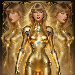 symmetry!! portrait of taylor swift, gold sci - fi armour, tech wear, glowing lights!! sci - fi, intricate, elegant, highly detailed, digital painting, artstation, concept art, smooth, sharp focus, illustration, art by artgerm and greg rutkowski and alphonse mucha