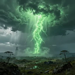 alien landscape with green thunders, photo
