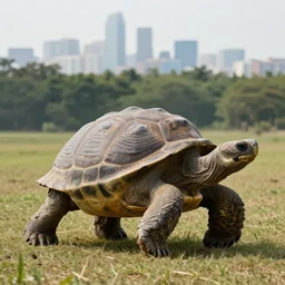 Giant turtle with a city on it's back, walking through an open field, forest visible in the background