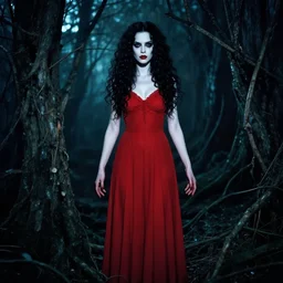 in the style of zhelong xu, full body, pretty alyson hannigan, evil dead demon, evil dead movie, red dress, symmetrical eyes, symmetrical face, long curly black hair, trees, forest, branches, cinematic lighting, evil dead creature, scary