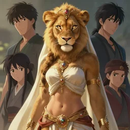 beautiful portrait of a female anthropomorphic lioness!!! fursona!!! dressed as an arabian princess. exposed midriff and visible abs. character design by charlie bowater, ross tran, artgerm, and makoto shinkai, detailed, soft lighting, rendered in octane