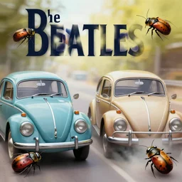 the beatles as volkswagen beetles and insect beetles, highly detailed illustration, artistic blur