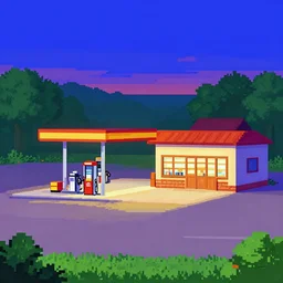 Pixel art of a rural gas station at dusk, in the style of 1981 Video Games, 4bit, CGA, 16 colors