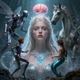 by artgerm and agostino arrivabene, visually stunning, cinematic, ultra realistic, hyper realism, 1 2 k, epic, octane render, unreal engine, vfx, maya, chaotic portrait of a princess, ghostly bride necklace, cyborg insectoid creature, brain box, compelled duel, gifted aetherborn, returned centaur, mermaid