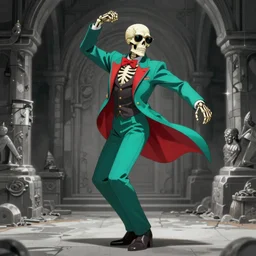 a skeleton in sunglasses and an elegant suit dancing, digital art, teal and red color palette, gray dungeon background, very realistic, pixiv, ghibli anime screencap