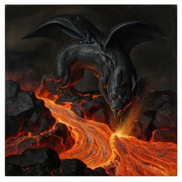 chimera on the flowing lava. painting by jan van eyck, moebius
