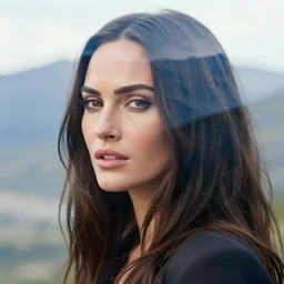 double - exposure effect of megan fox face and beautiful mountains, in the style of dan mountford