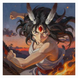 breathtaking detailed painting of mononoke princess, by ayami kojima and brom, dynamic fighting movement at dusk, detailed realistyc symmetrical facial features, amalgamation of embers and feathers, 8 k, concept art, matte, sharp focus, rembrandt style