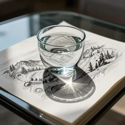 A glass on a coffe table, sketch by M.C Escher