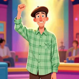 a thin guy with a big nose and an overbite wearing a brown beret and a palid green plaid shirt stand up participating on a tv show, coloful, vibrant colors, illustration, trending artstationg, backlight, by genndy tartakovsky