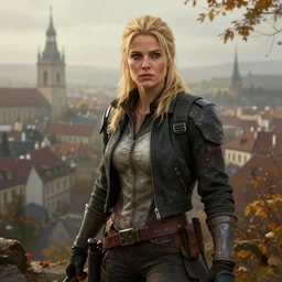 fallout 5, charismatic beautiful rugged blonde female protagonist, portrait, outdoors european cityscape, atmospheric lighting, painted, intricate, volumetric lighting, beautiful, daytime, autumn, overcast weather, foggy, sharp focus, deep colours, ultra detailed, art by william turner