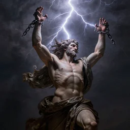 briareus struck by lightning, windy, chains broken on hands, dramatic, stoic, modern, is ( ( with arms half lifted toward us ) ). light dust, magnificent, hyperdetailed, theatrical, masterpiece, from below, 3 5 mm lens, painted by jean honore fragonard and greg rutkowski