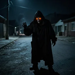 The grim reaper with orange-glowing eyes, casting a spell on a barren street in the middle of the night.