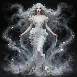 fullbody artwork of a goddess of dreams, wearing a long and tight flowery dress, intricate, prism, flowey, wispy, wide hips, attractive character, intangiable, dreamy, Character concept by yoshitaka amano, WLOP, black lipstick, black eyeliner, black eyeshadow, mystical, matte painting, highly detailed, symmetrical face and body, artstationhd, color scheme by dominik mayer, character design, trending on Artstation