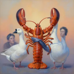 painting of cross between lobster body & goose head, intercrossed animal, by corine perier, anatomy by ellen jewett, anatomy by ronald ong, anatomy by arne olav gurvin fredriksen, cold hue's, warm tone gradient background, beautiful composition, digital painting