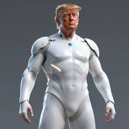 octane render, portrait of donald trump wearing futuristic streamlined and tight white gear, preparing for combat, intricate, elegant, glowing lights, highly detailed, digital painting, artstation, glamor pose, concept art, smooth, sharp focus, illustration, art by wlop and greg rutkowski