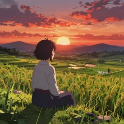 reimu sitting on a hill off to the side overlooking rice paddies during sunset cinematic, deep vibrant colors, anime illustration, anime screenshot composite background