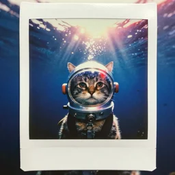 weathered old analog polaroid portrait photograph of a cat wearing an underwater helmet, azure and red tones, deep ocean depths, sunlight beams, lensflare, sunlight, glare, depth of field, bokeh, filmgrain, red color bleed
