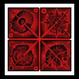 symmetrical black and neon red complex poster art by dan mumford, moebius, goblinko, richard corben, wayne barlowe, heavy metal comic cover art, psychedelic triangular skeleton, very intricate, thick outline, full body, symmetrical face, long black crown, in a shapes background, galactic dark colors