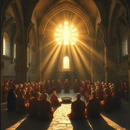 crowd of monks sitting in circular formation in gothic ruins, with stunning evening dusk sunlight dappled light and god rays, old master painting, intricate chinese imperial robes, detailed oil painting by william adolphe bouguereau and donato giancola