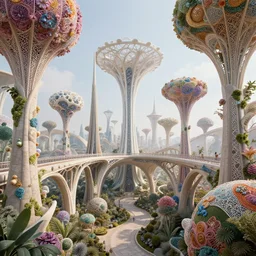 beautiful 3 d scifi futuristic biophilic city architectural colorful landscape, arches, cellular bridges, stone columns, rhizomorph finials spires, brackets, fractal puffballs, vincent callebaut, iris van herpin, elegant lace haute couture broad embroidered cone trees, porcelain magnolia fluid nebula, soldier lichen, soft light, unreal engine, 8 k
