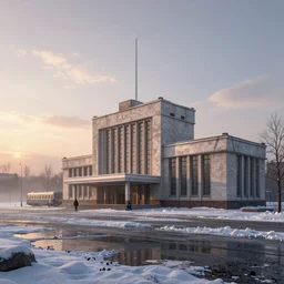 hyper realistic render of soviet era 1 9 5 0's brutalism train station, located in the snow, puddles of water, by kait kybar, ivan shishkin, sunset, foggy, stunning skies, volumetric lighting, sharp focus, hyper detailed, digital art, cryengine